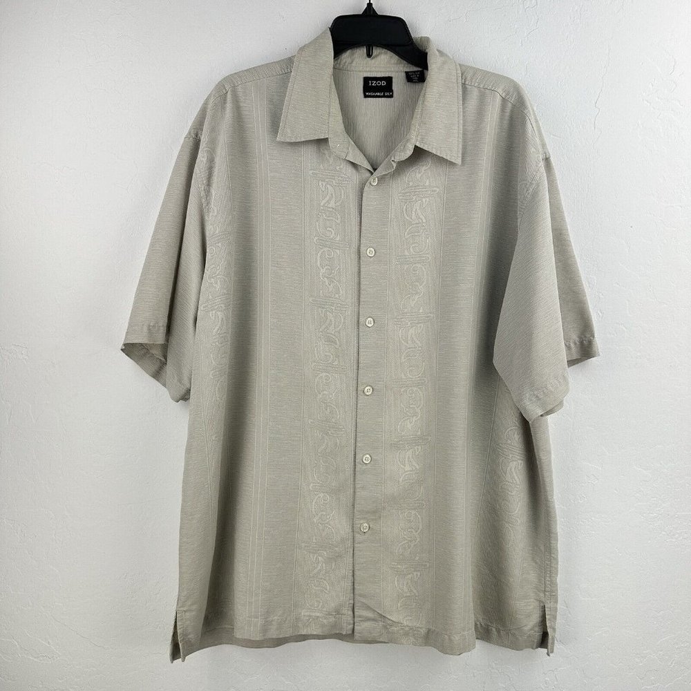 IZOD Silk Shirt Men’s XXL Short Sleeve Button‎ Up Beige Camp Washable